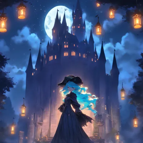 (best quality,4k,8k,highres,masterpiece:1.2),ultra-detailed,(realistic,photorealistic,photo-realistic:1.37),Female blue haired witch,moonlit castle,casting glowing blue spells,umbrella,gothic lolita dress,night scene,enchanted atmosphere,detailed stars in ...