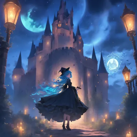 (best quality,4k,8k,highres,masterpiece:1.2),ultra-detailed,(realistic,photorealistic,photo-realistic:1.37),Female blue haired witch,moonlit castle,casting glowing blue spells,umbrella,gothic lolita dress,night scene,enchanted atmosphere,detailed stars in ...