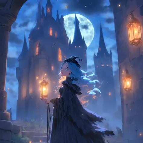 (best quality,4k,8k,highres,masterpiece:1.2),ultra-detailed,(realistic,photorealistic,photo-realistic:1.37),Female blue haired witch,moonlit castle,casting glowing blue spells,umbrella,gothic lolita dress,night scene,enchanted atmosphere,detailed stars in ...