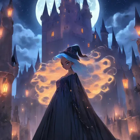 (best quality,4k,8k,highres,masterpiece:1.2),ultra-detailed,(realistic,photorealistic,photo-realistic:1.37),Female blue haired witch,moonlit castle,casting glowing blue spells,umbrella,gothic lolita dress,night scene,enchanted atmosphere,detailed stars in ...