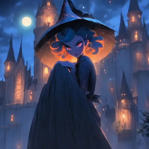 (best quality,4k,8k,highres,masterpiece:1.2),ultra-detailed,(realistic,photorealistic,photo-realistic:1.37),Female blue haired witch,moonlit castle,casting glowing blue spells,umbrella,gothic lolita dress,night scene,enchanted atmosphere,detailed stars in ...