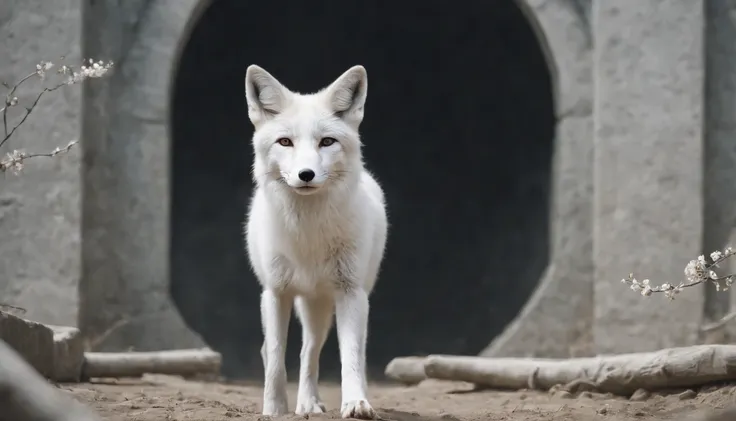 a [white fox] walking through a portal | in the style of zen buddhism influence and post-apocalyptic landscapes | spring season | portrait paintings; mote kei; iconic; realistic portrayal