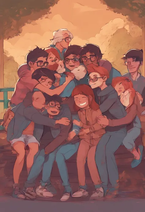 Create a scene where a group of friends are hugging each other warmly, Everyone wearing glasses and expressing happiness.