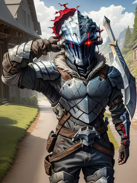 high quality, best quality, masterpiece, solo, 1boy, goblin slayer, armor, helmet, glowing eye, plume, fur collar, (greatsword:1...