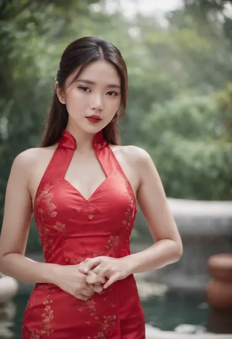 oriental girl，pool，Red cheongsam swimsuit