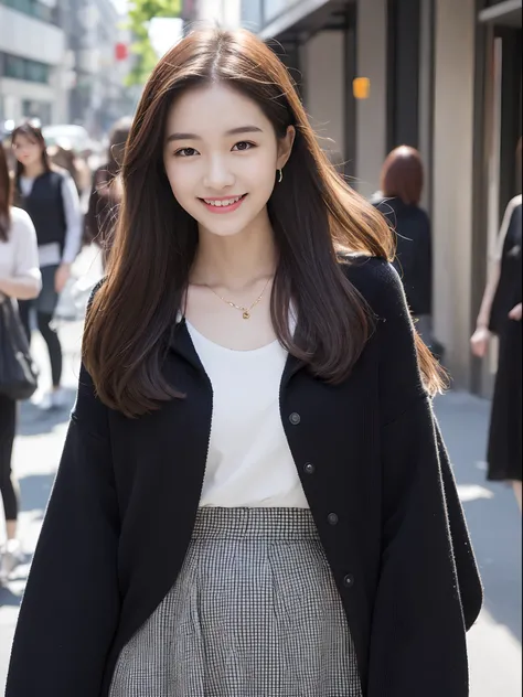 Perfect face and big、cafes、Right hand holding hair、Cute clothes、18-year-old girl with slim and slender physique。Skin is detailed and very detailed eyes(1.1 emphasis)、high detailed skin texture(1.1 emphasis)Has a。Slender Necklace、Model Photo Style、Photoreal...