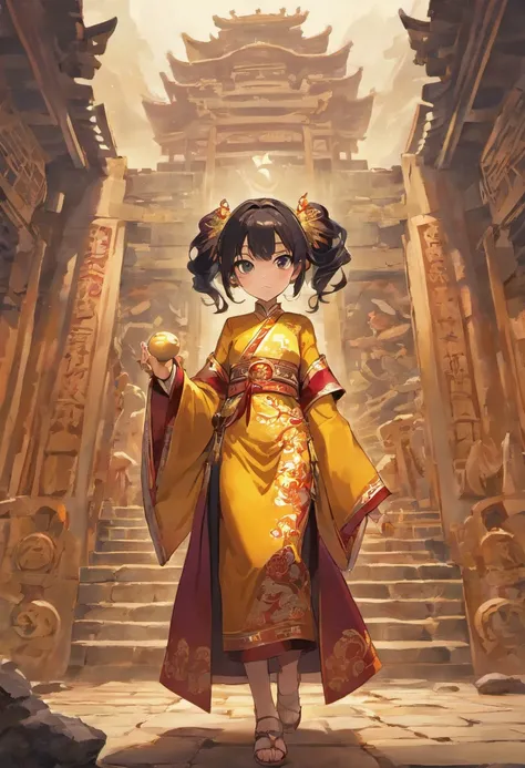 a girl standing in front of the Sanxingdui ruins, wearing a traditional Han Chinese dress, beautiful detailed eyes, flowing black hair, holding a ceremonial bronze mask , surrounded by ancient artifacts and stone sculptures, mysterious aura, slight mist in...