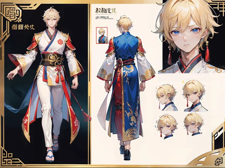 ((Masterpiece, Highest quality)), Detailed face, character design sheet， full bodyesbian, Full of details, frontal body view, back body view, Highly detailed, Depth, Many parts, Muscle boy with blonde hair，handsome man, Traditional chinese clothes, Genshin...