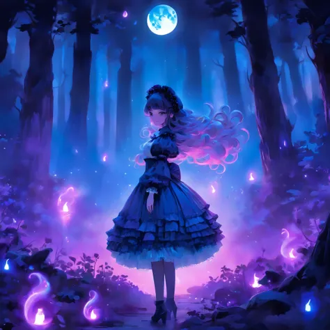 In a moonlit night, a blue-haired gothic lolita casting glowing purple spells. Her eyes, detailed and captivating, filled with determination and a touch of mischief. Her lips, beautifully detailed, curled into an enchanting smile. The intricate lace and ru...