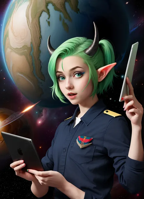 Girl with green hair twin tail , with tomboy clothes  levitating in outer space (close to earth) with elf ears and horns , holding an ipad