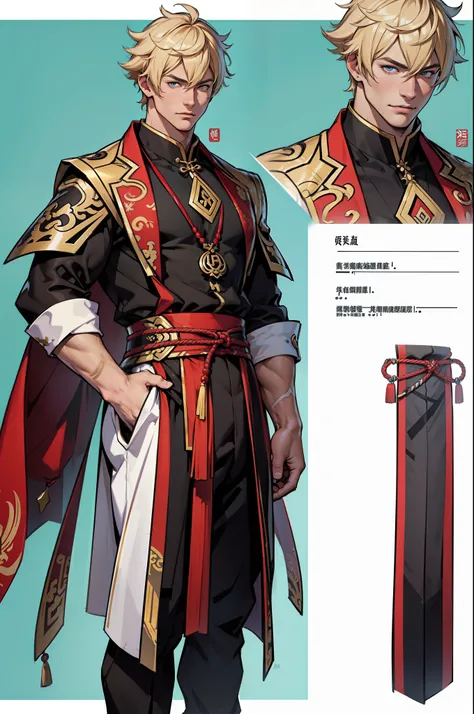 ((Masterpiece, Highest quality)), Detailed face, character design sheet，full body esbian, Full of details, frontal body view, back body view, Highly detailed, Depth, Many parts, Muscle boy with blonde hair，handsome man,  Traditional chinese clothes, Genshi...