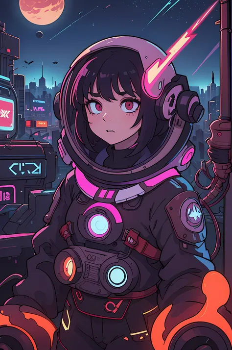 "Cyberpunk-inspired immersion, A world of neon lights, Let yourself be mesmerized by the surreal spectacle of the planets that dominate the skies, Lleno de cautivador arte digital."