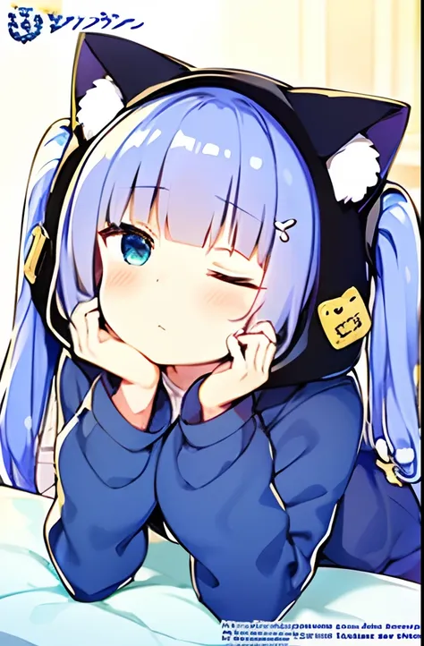 1girl, anchor_symbol, animal, animal_ears, animal_hood, azur_lane, barefoot, black_cat, blue_eyes, blue_hair, blush, cat, cat_ears, cat_hood, cat_pajamas, cat_tail, closed_eyes, closed_mouth, commentary_request, copyright_name, eagle_union_(emblem), half-c...