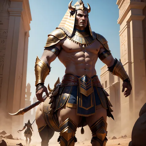 Egyptian bull warriors in realistic 4K armor, full entire body,Super Detailed, Vray Display, Unrealistic engine, Midjourney Art Style.