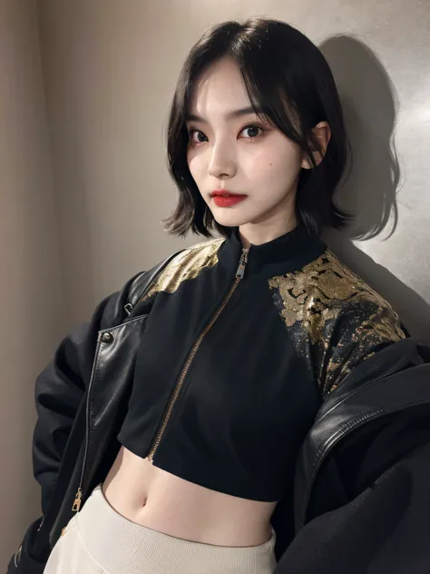 (Forehead, Cropped jacket, Abs, Midriff, frown, Short hair, Black hair, eye line:1.3), (masutepiece, Best Quality, beautiful quality), (Photorealistic:1.4), (Detailed Lighting, highlydetailed skin, very detail hair, shadowy, 8K, Pictures of Sadao, 1girl in...