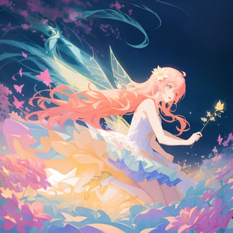 beautiful girl in flowing ballgown dress, (glowing fairy wings), glowing flowing ballgown, long wavy hair, sparkling fairy wings, watercolor illustration, flowers and colorful plants, inspired by Glen Keane, inspired by Lois van Baarle, disney art style, b...