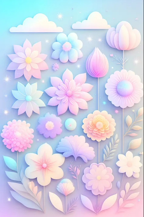 "Various flowers, cartoon illustration, sky in a gradient of pastel colors with twinkling stars. Immerse yourself in a mystical world full of magical elements (weighted at 0.9)."