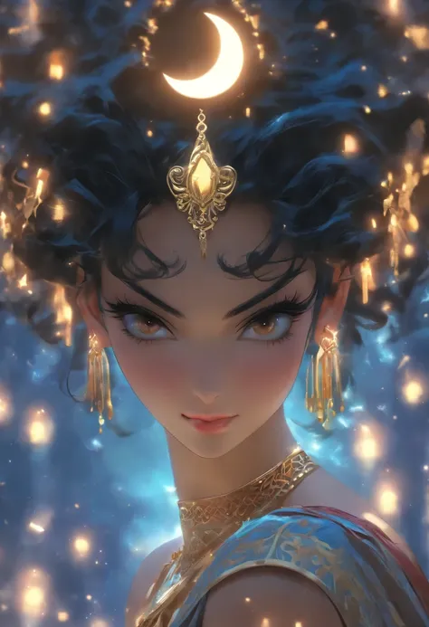 (((Sex Goddess))) best quality, ultra-high resolution, 4K detailed CG, masterpiece, ASTARTE, Arab woman, short black hair, ((black makeup)),((waning moon diadem)) ,earrings, necklace, Arabic clothing, Phoenician mythology, Arabic painting style, aesthetics...