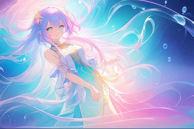 beautiful anime girl in colorful multi-layered dress made of liquid, long flowing liquid hair, magical water, water bubbles, colorful fantasia background, flowing liquid lines of light, magical water, ((vibrant pastel colors)), (colorful), magical lights, ...