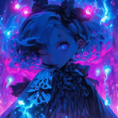 Short haired androgynous gothic lolita with blue and purple hair casting glowing soul spells while wearing a gothic lolita outfit