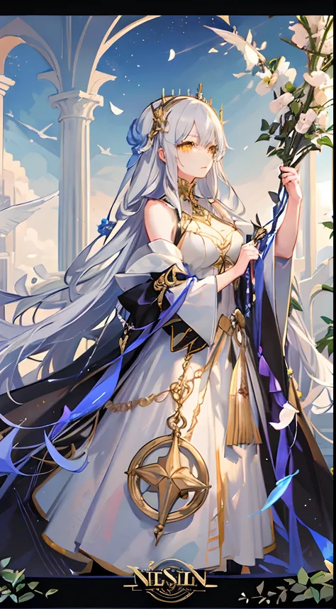 hightquality, Transcendent Beauty, a high chroma, goddes, Silver hair loosely braided long hair, Yellow eyes, Moderately large breasts, White neat dress, Luxury, nigh sky, Golden Balance, stele々shines, kosmos, 1 lily flower garden, Beautiful, Sacred atmosp...