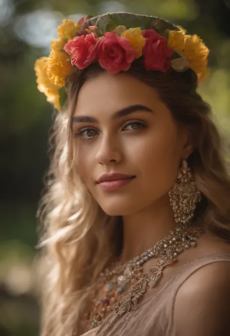 Portrait of Beautiful 16-year-old Mexican woman, with blonde hair,brown eyebrows and green eyes, and slightly red lips, cheerful but with a tender look, beautiful and delicate smile, with a sugar skull tattoo on her face wearing a dress and headdress of co...