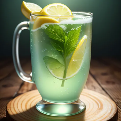 a cup of lemon-mint soda, frosted glass (8k, RAW photo, best quality, masterpiece:1.2), (realistic, photorealistic:1.37)