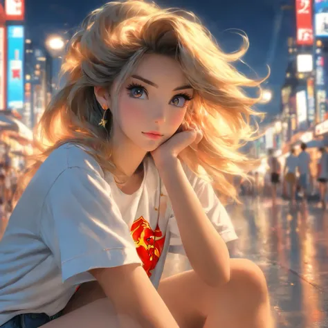 Top quality, Masterpiece, hyper HD, (Real: 1.4), Original photo, (Evening street), 1 girl, Black eyes, Looking at the audience, Long hair, Light makeup, Lips, Small ears, White T-shirt, Denim shorts, Earrings, sitting Ferrari,, Slim, Neat, park