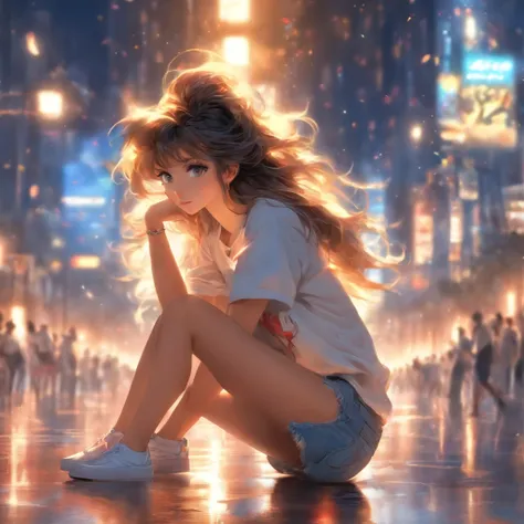 Top quality, Masterpiece, hyper HD, (Real: 1.4), Original photo, (Evening street), 1 girl, Black eyes, Looking at the audience, Long hair, Light makeup, Lips, Small ears, White T-shirt, Denim shorts, Earrings, sitting Ferrari,, Slim, Neat, park