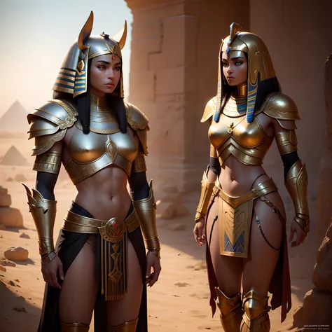 Egyptian Sphinx warriors in realistic 4K armor, full entire body,Super Detailed, Vray Display, Unrealistic engine, Midjourney Art Style.