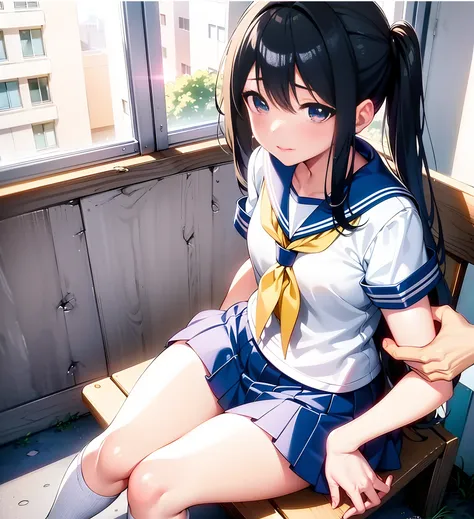 anime girl sitting on a bench with her legs crossed, a hyperrealistic schoolgirl, beautiful anime high school girl, seductive an...