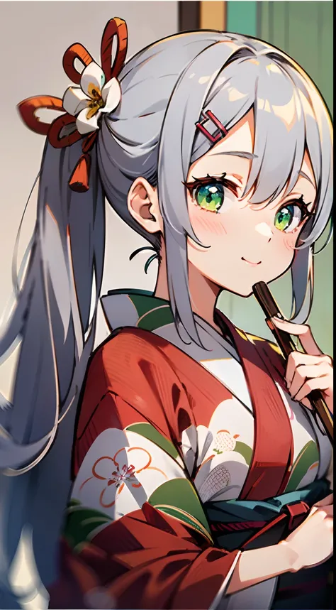 masutepiece, 超A high resolution, Cute Girl, A half body, Japan yukata style, gray long hair, Red kimono, long hair flowing, double ponytails, Flower Embellishment, Green eyes, Hairpin, Cute little loli, cute little, Thick Paint, Gentle smile, Holding a fan...