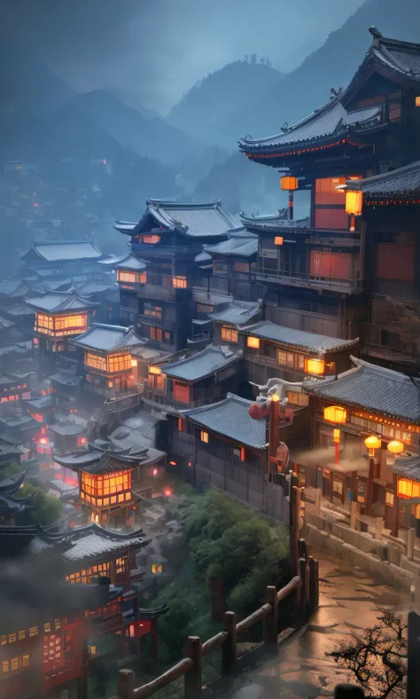 arafed view of a village with a lot of lights on the buildings, dreamy chinese town, chinese village, amazing wallpaper, japanese town, japanese village, hyper realistic photo of a town, old asian village, japanese city, by Raymond Han, rainy evening, cybe...