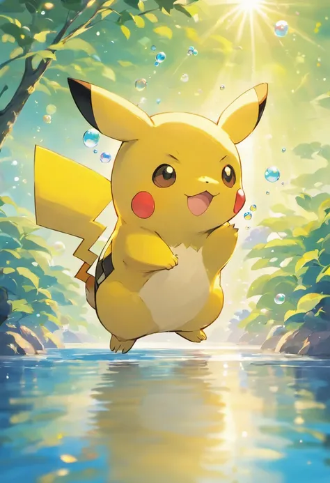 A touching scene in ultra-high definition 3D showcasing Pikachu making a wish beside a tranquil lake. Pikachu, beautifully rendered in detail, is seen gently blowing bubbles into the air, each one carrying a hopeful wish. The bubbles catch the reflection o...