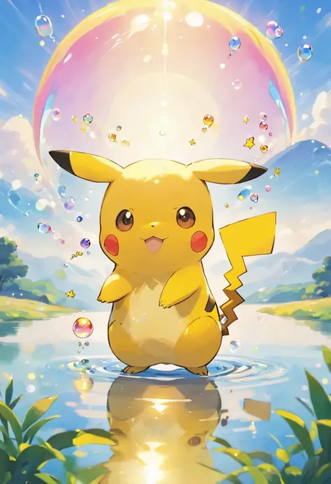 A touching scene in ultra-high definition 3D showcasing Pikachu making a wish beside a tranquil lake. Pikachu, beautifully rendered in detail, is seen gently blowing bubbles into the air, each one carrying a hopeful wish. The bubbles catch the reflection o...