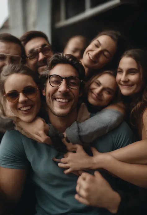 Create a scene where a group of friends are hugging each other warmly, Everyone wearing glasses and expressing happiness.