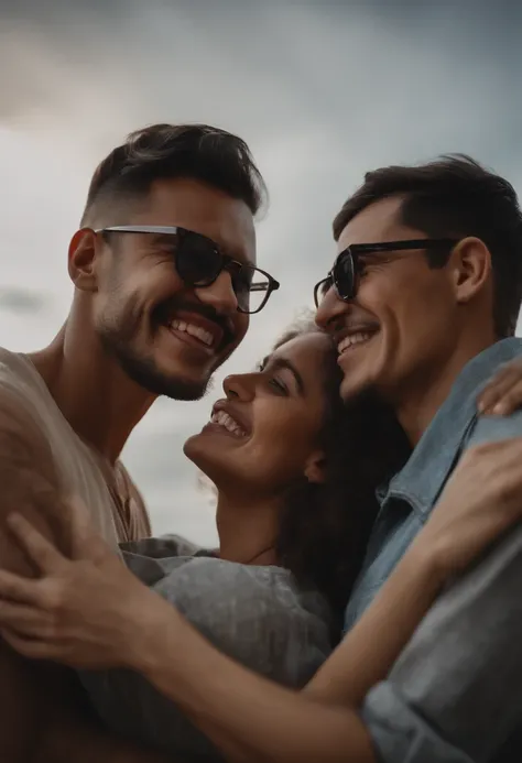 Create a scene where a group of friends are hugging each other warmly, Everyone wearing glasses and expressing happiness.