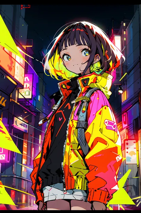 masterpiece, best quality, 1girl, city pop, night, neon light, looking at another, upper body, vector illustration, jacket, light smile, blunt bangs, long hair