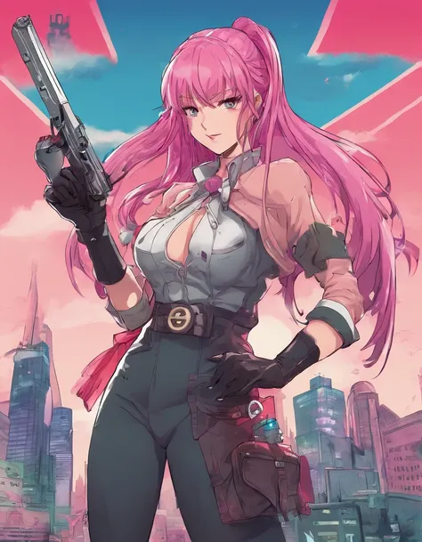 sara valestein, trails of cold steel, anime, long pink hair in a ponytail with bangs, 30 year old woman, happy drunk, resistance fighter WW2, ruined city, holding long red sword and pistol, battlefield photo