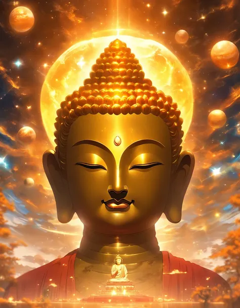 The huge transparent Buddha head looks at an earthy yellow planet in the universe，Glow effects，oc rendered