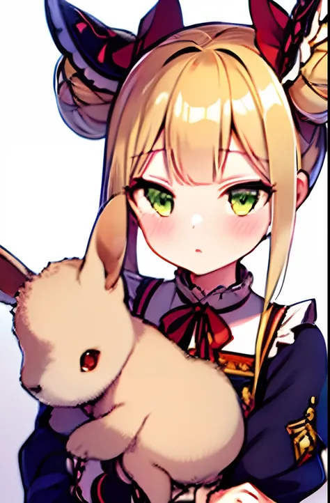 1girl, animal, bad_link, blonde_hair, blush, double_bun, green_eyes, hair_bun, hair_ornament, holding, holding_animal, long_hair, looking_at_viewer, luna_(shadowverse), p-rus, pointy_ears, rabbit, red_ribbon, ribbon, shadowverse, simple_background, sketch,...