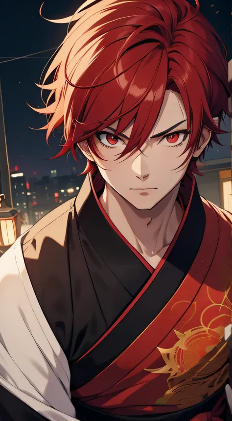 anime guy with short red hairs. bobstyle, using a black kimono, red eyes, strong, red moon, cathedral, prince clothes, SCAR CROSSING THE LEFT EYE