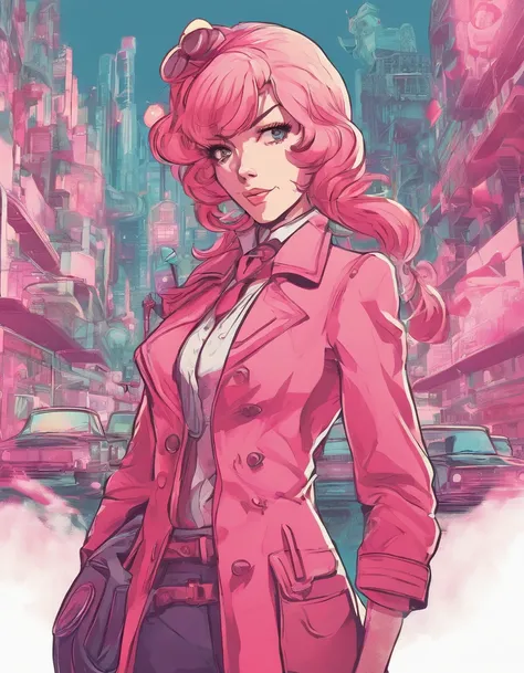 sara valestein, trails of cold steel, anime, long pink hair in a ponytail with bangs, 30 year old woman, teacher, wearing beige jacket over blue skirt, cleavage, happy drunk, resistance fighter WW2, ruined city, holding long red sword and pistol, battlefie...