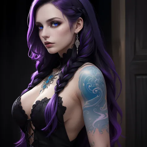 (masterpiece, best quality:1.2), extremely detailed, detailed hair, soft skin,

1woman witch, solo, standing, upper body

Gradient colored hair (white, purple and black hair), long hair, intricate braided hair

Piercing blue eyes, long eyelashes, thick eye...