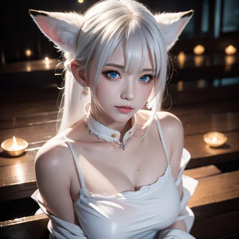 Miss Fox Demon，T-shirt wraps around your neck，High collar、High collar、High collar、High collar、High collar、High collar、Fox Devil Fox Years White Hair Girl，Overlooking the night view of Changan，Sexy and feminine，sit pose，Fluffy fox ears，fox tails，No ears，red...