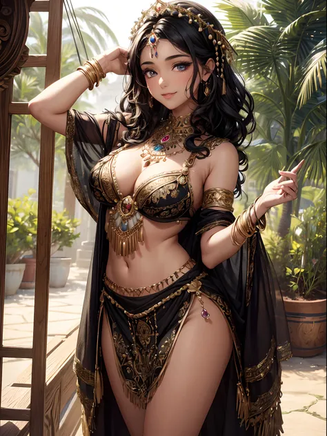 absurderes,(​masterpiece、top-quality、8K ),intricate detailes,ultra-detailliert、1 Beautiful Arab Woman、(Gypsy national costume,:1.4)Cinematic composition,A slight smil、darkskinned、black curly hair、In the gypsy house、Hyper realistic,Perfect Anatomy