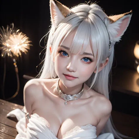 Miss Fox Demon，T-shirt wraps around your neck，High collar、High collar、High collar、High collar、High collar、High collar、Fox Devil Fox Years White Hair Girl，Overlooking the night view of Changan，Sexy and feminine，sit pose，Fluffy fox ears，fox tails，No ears，red...