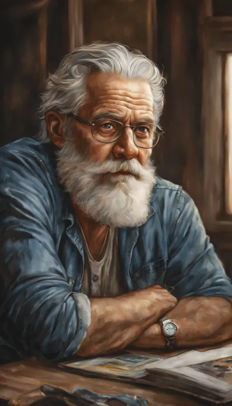 best quality, realistic, 8k,  photorealistic, award-winning illustration, (intricate details: 1.5), (delicate detail), (intricate details), perfect portrait composition, perfect expression, plieasant face, good looking face, an older man with white hair and white beard sitting down looking at camera, a photorealistic painting by Mac Conner, pexels, realism, character, the man is wearing a blue shirt and overalls, The background is a painting of a wooden wall with a window, creating a contrast between the realistic and the artistic elements of the image.