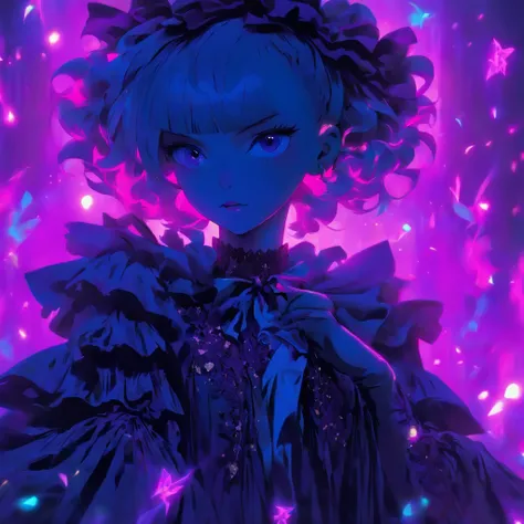 androgynous male Gothic lolita with purple shaved head, casting glowing soul spells while wearing lolita dress