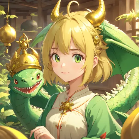 There is a green dragon with a golden bell on its head, Cute detailed digital art, lovely digital painting, cute little dragon, author：tooth wu, style of wlop, adorable digital art, [ trending on CGSociety ]!!, by Russell Dongjun Lu, Phlegm sputum, phlegm!...